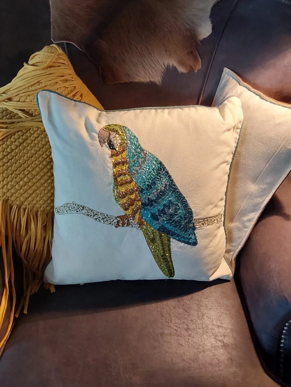VTG SEQUIN & BEADED PARROT PILLOW